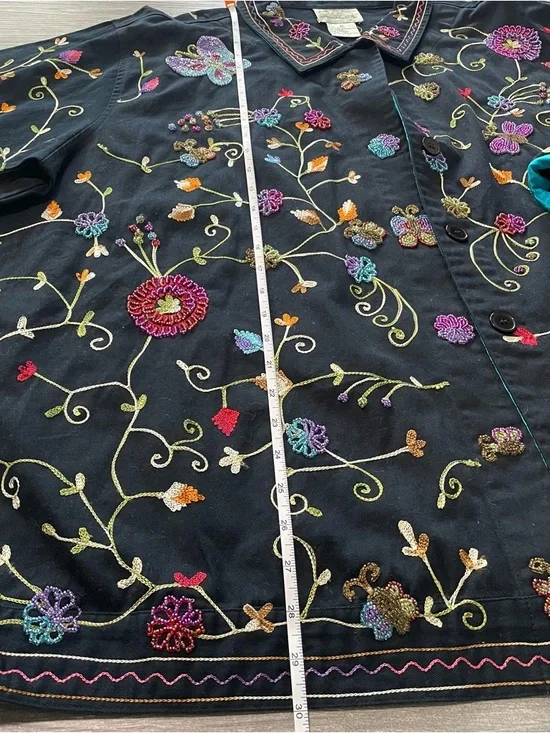 Quacker Factory Black Embroidered Beaded Button Up Blazer Jacket w/ Teal Trim - Picture 6 of 7